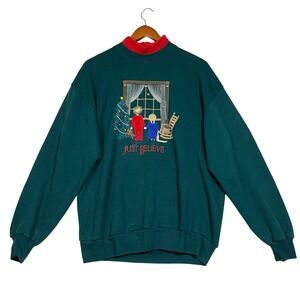 Brindar Design "Just Believe" Christmas Window Embroidered Sweatshirt Red Collar